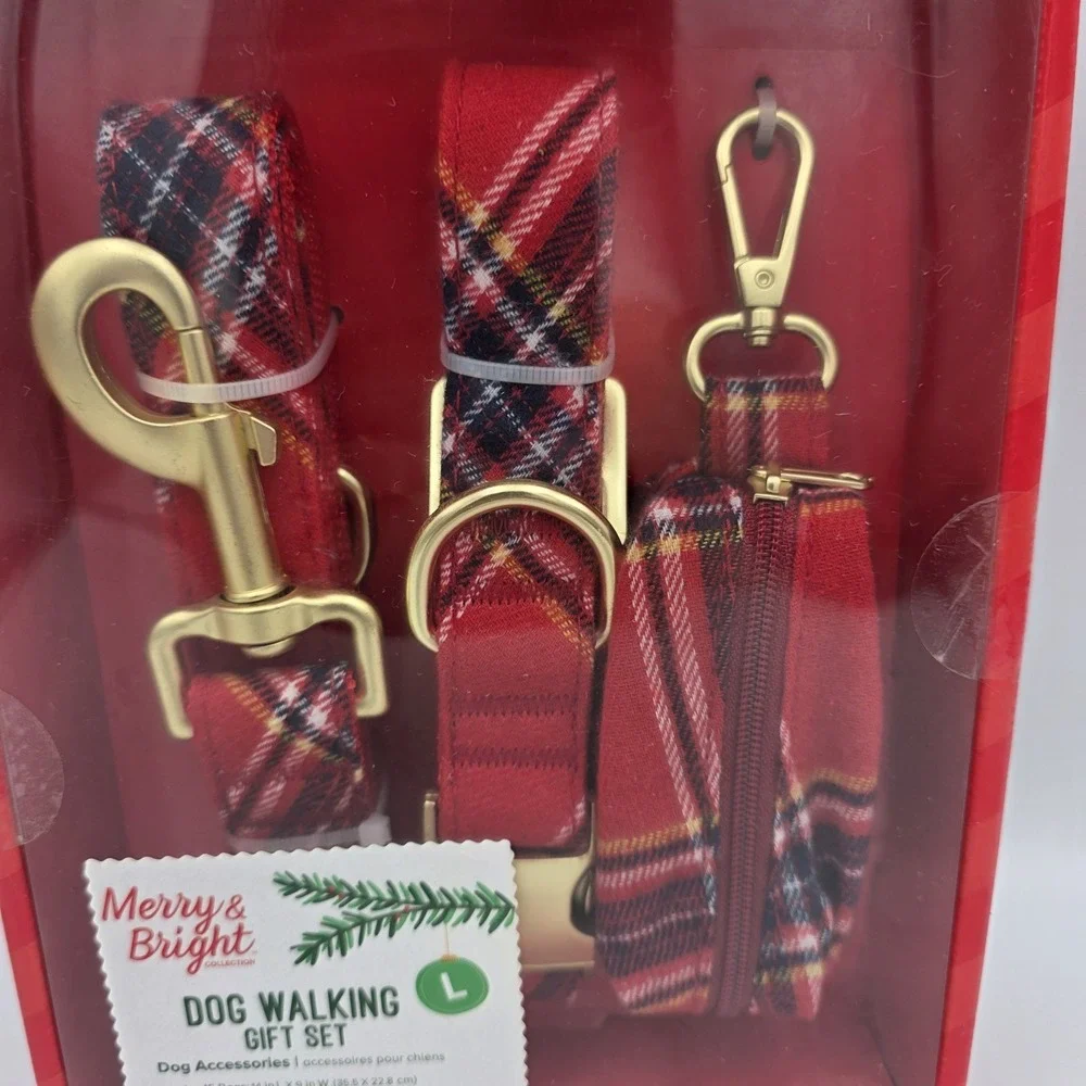 New Merry‎ & Bright Dog Walking Gift Set Large Leash Collar Potty Bags Red Plaid